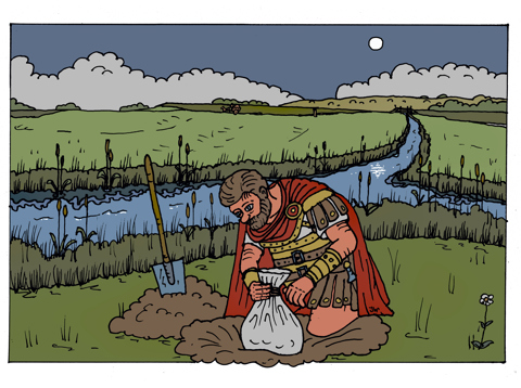 Reconstructieplaatje van de muntvondst door een Romeinse officier