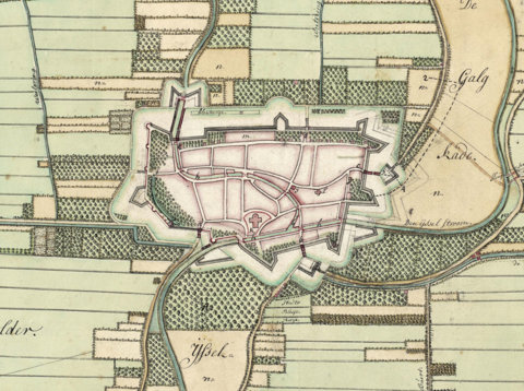 Plattegrond van de fortificatiewerken met stratennet van Oudewater
