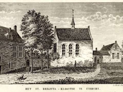 Gezicht op het St.-Brigittenklooster te Utrecht met de kapel, vanaf het binnenplein.