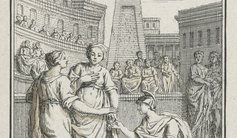 Romeinse soldaat knielt voor een vrouw