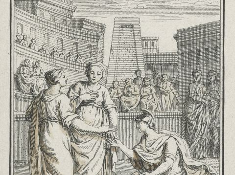 Romeinse soldaat knielt voor een vrouw