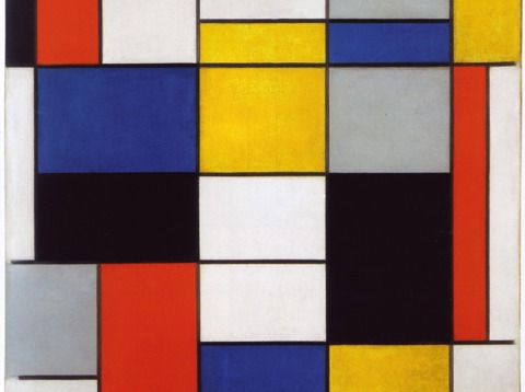 Compositie met groot rood vlak, geel, zwart, grijs en blauw