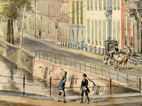 Plompetorengracht met rechts het woonhuis van Johanna del Corne en Daniel de Milan