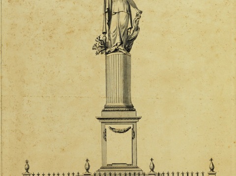 Het vrijheidsbeeld omgeven door een houten hek op de Neude te Utrecht