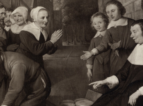 Maria van Pallaes tijdens de jaarlijkse voedseluitdeling aan de armen, op de achtergrond de Agnietenstraat