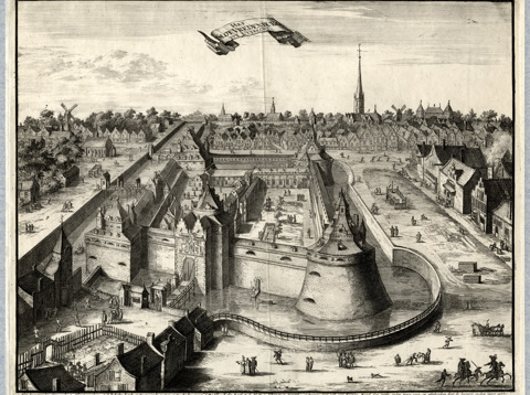 Gezicht op kasteel Vredenburg en omgeving in Utrecht, uit het zuiden