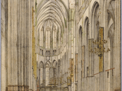 Interieur van de Domkerk te Utrecht: het schip en het koor uit het westen