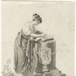 Fragment van titelvignet met een schrijvende vrouw