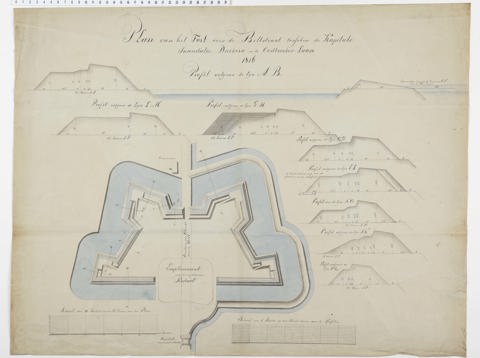 Plattegrond en dwarsprofielen van het ontworpen fort aan de Biltstraat