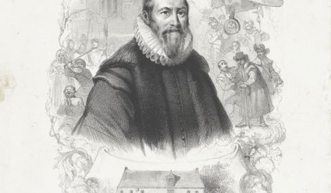 Portret Johan van Oldenbarnevelt met rondom episoden uit zijn leven