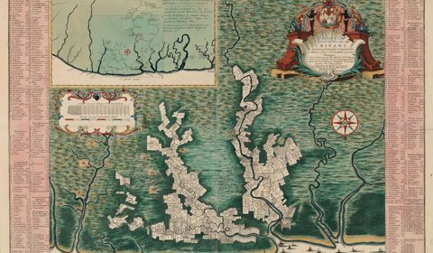 Kaart met de plantages op Suriname