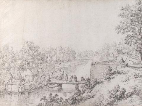 Gezicht vanaf de stadswal met links het bolwerk Lepelenburg en de voetgangersbrug die het met de stad verbindt